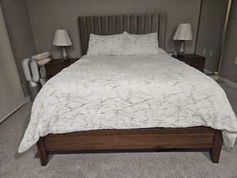 Queen Velvet Gray Upholstered Panel bed with wooden bed frame