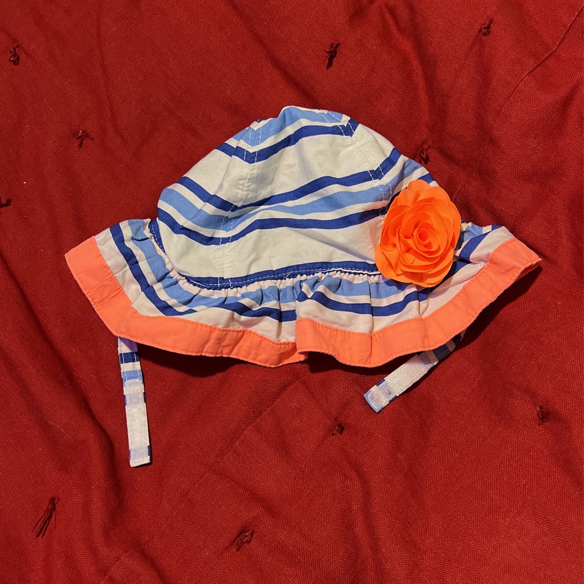 Gymboree Sun hat Baby 6-12 Months Pink Blue White Stripes Fabric Pink Flower Velcro Closure 