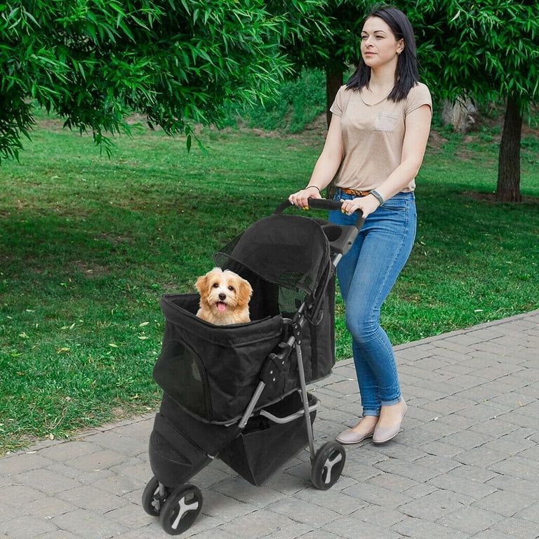 Foldable Pet Stroller 3 Wheels for Cats and Dogs Carrier Strolling Cart with Storage Basket