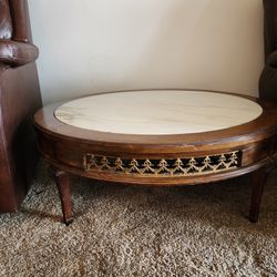 Vintage Marble And Wood Coffee Table 