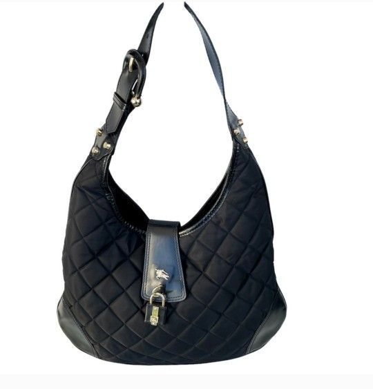 Burberry Black Brooke Fabric Quilted Leather Hobo Bag