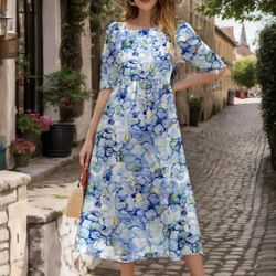 Blue flowers Floral Print Maxi Dress for Women Casual Short Sleeve Summer Dress Loose Fit Floral Dress  Size L  Brand new 
