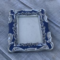 Vintage Blue Silver Ornate Baroque Picture Frame Floral Scroll 7x6 Décor 