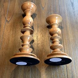 Pair of Pottery Barn Fruitwood Turned Wood Pillar Candlesticks