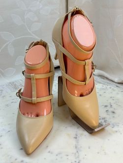 Corso Como Womens Heels 7.5M Beige Caged Strappy Pointed Toe Zip Pumps Cocktail