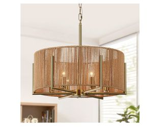 Handwoven rattan 6-light chandelier, 19.7-inch boho farmhouse chandelier, adjustable rustic wicker ceiling light for dining room