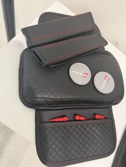 Leather red and black car covers - armrest, seatbelts, cup holders, and tire air caps