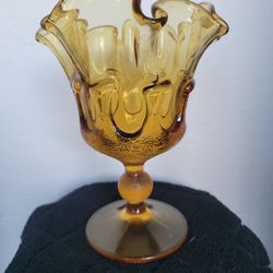 Vintage MCM Viking Amber Blown Glass Compote Bowl With Folded Edges 6.5" Tall