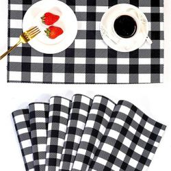 Buffalo Plaid Kitchen Placemats Set of 6 - White Black Checkered Fall Farmhouse Kitchen Dining Patio Table Place Mat(Black / White Plaid)


