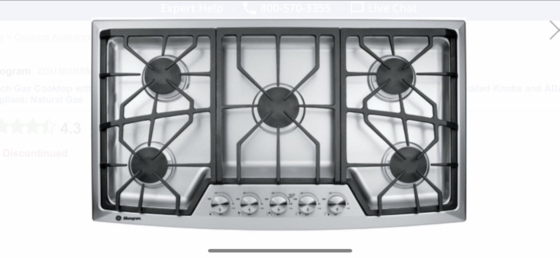 NEW - GE Monogram - 36” Gas Cooktop, 5 Sealed Burners, Powerful, High-End