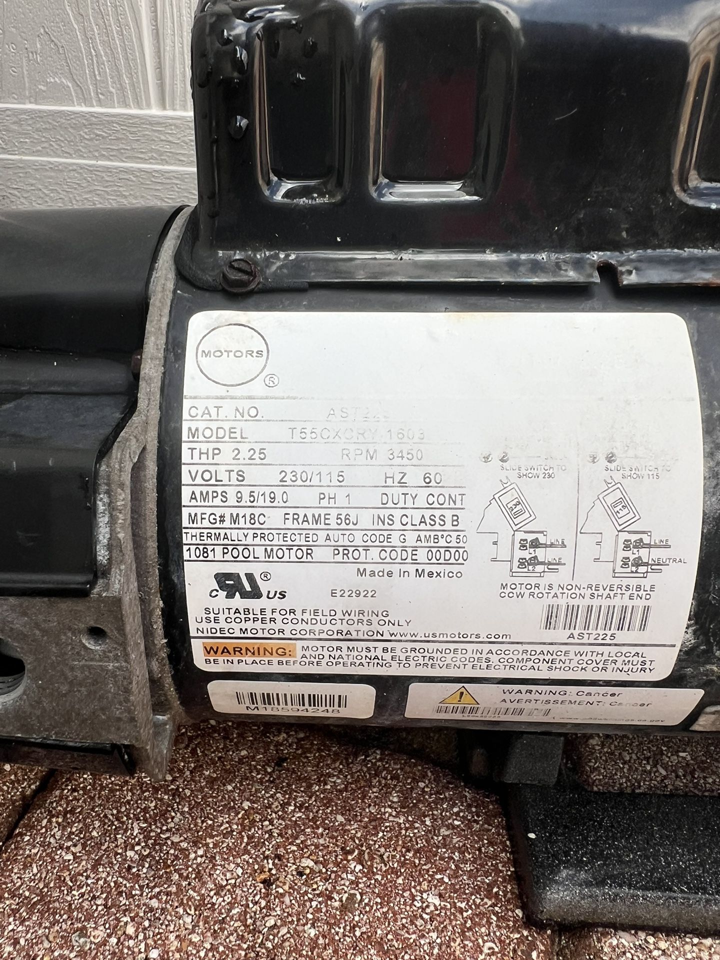 US Motor Pool Motor 1 HP C Face