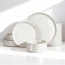 Porcelain Dinnerware Set, 12 Piece Modern Plate and Bowl Set, dish set for 4