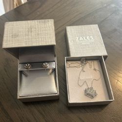 Zales Sterling Silver And Diamond Necklace And Earrings 
