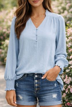 Light Blue Boho Blouse Women’s XL Ruffle Neck Smocked Sleeve Button Front Top