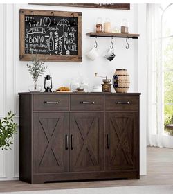 HOSTACK Kitchen Buffet Cabinet with Storage, Sideboard Coffee Bar, Brown Farmhouse Kitchen Storage Cabinet with 3 Drawers & Adjustable Shelf & Doors, 