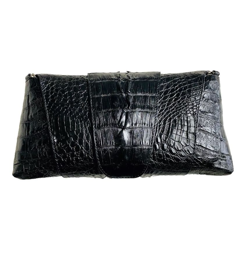Midnight Black Genuine Exotic Croc Wrap Clutch Shoulder Bag Purse