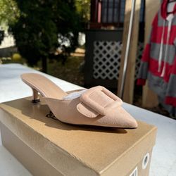 Tan suede kitten heel mules size 8