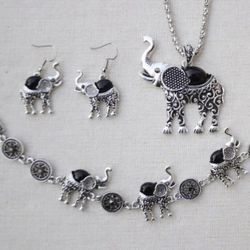 3pcs Tibetan Retro Turquoise Black Lucky Elephant Jewelry Set 