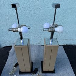 Mid-Century Modern Marble/Granite Stone & Chrome Table Lamps – Pair