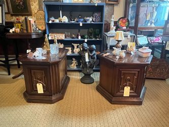 Pair of vintage octagon and hexagon wooden end tables with storage