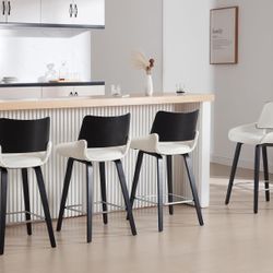 Modern Counter Height Bar Stools Set of 6, 26" Black and White Bar Stools with Wood Back Chenille Kitchen Island Chairs with Footrest for Kitchen Pub 