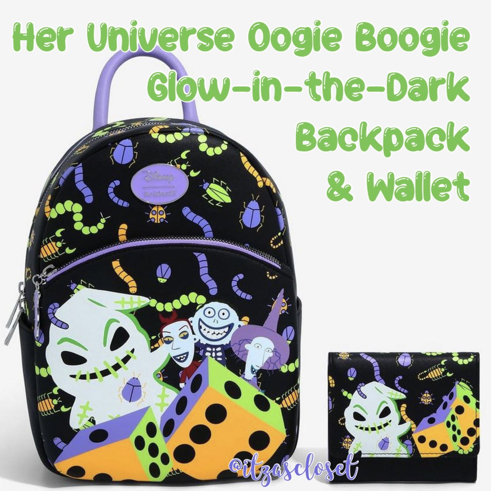 Her Universe The Nightmare Before Christmas Glow-In-The-Dark Oogie Boogie Dice Mini Backpack & Flap Wallet NWT