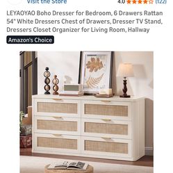 Dresser for Bedroom, 6 Drawers Rattan 54" White Dressers Chest of Drawer