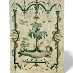 ⭕️ Large Hand-painted Vintage Neoclassical Botanical Wall Art – Tropical Palm & Birds, 33x46