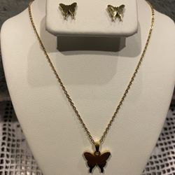 Stainless Steel Butterfly Necklace And Earrings Set