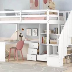 Polibi Twin Size Loft Bed with L-Shaped Desk and Drawers, Cabinet and Storage Staircase, White