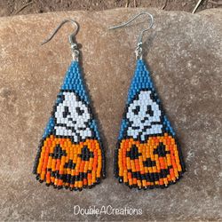 Ghost And Pumpkin Beaded Earrings, New, Handmade By Me