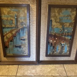 VTG Mid Century Oil Paintings Of Nautical Paris City Scape By Fairchild Original Set 