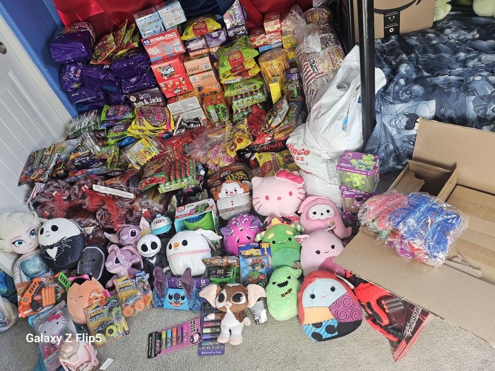 halloween candy and stuffed animals