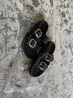 Black Leather women’s slide sandals
