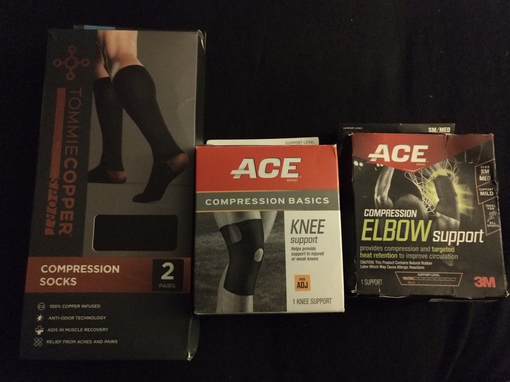 Compression socks, knee support, and elbow support