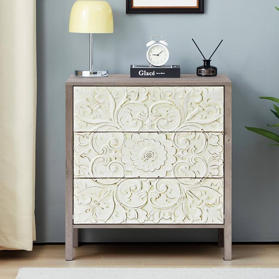 Farmhouse 3 Drawer Dressers for Bedroom, Wide Chest of Drawers with Storage, Vintage French Nightstand Distressed Boho Small Dresser for Hallway Livin