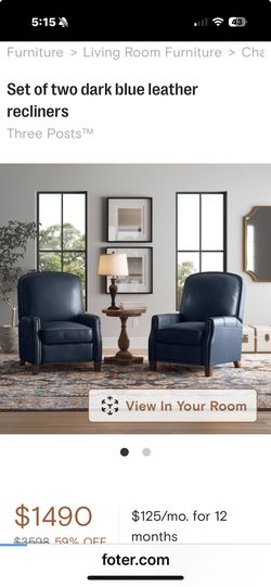 Set of 2 Genuine Leather Recliners – Dark Blue – Great Condition