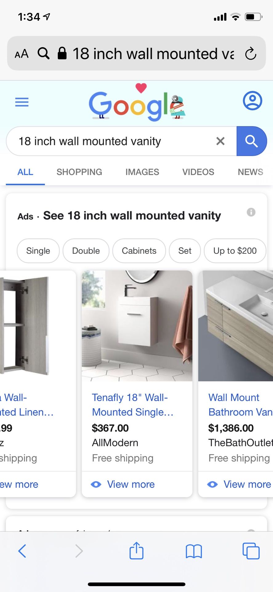 Wall hung 18 inch vanity with marble white sink top