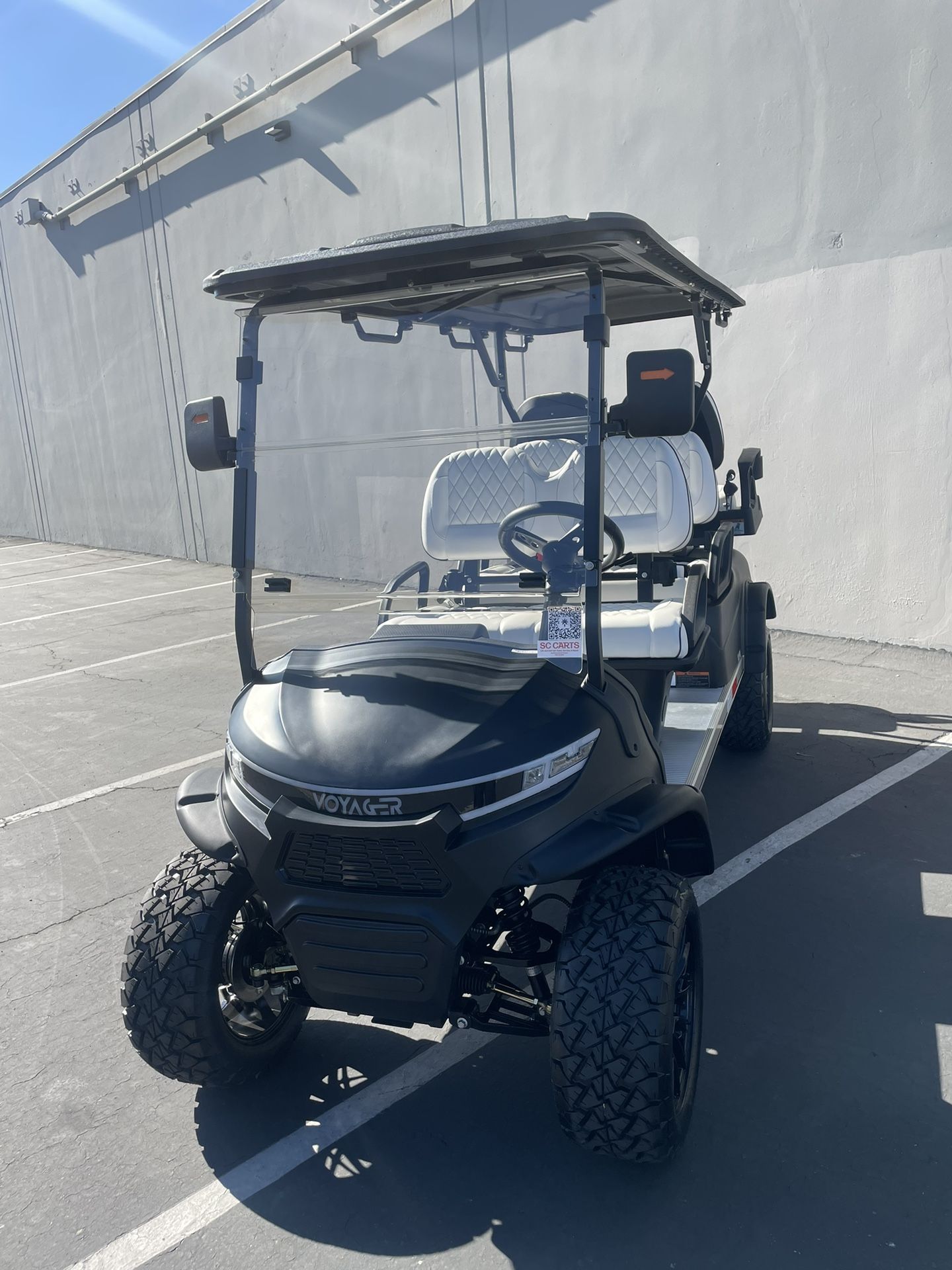 2025 Voyager Patriot 6-Passenger Lifted 72-Volt Street Legal LSV Golf Cart in Midnight Matte Black Black w/White Seats w/Black Piping & Stitching