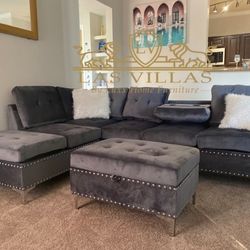Sectional + Ottoman - Grey Velvet  