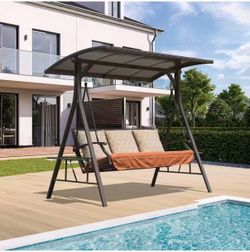 D) 3-Seat Outdoor Patio Swing with Adjustable Hardtop Canopy  * 3-Seat Swing Chair * Adjustable Polycarbonate Hardtop Canopy * Cushion & Pillows Inclu