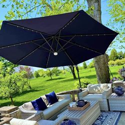 Patio Umbrella New in Original Packaging With LED Lighting Cantilever Frame Navy Blue.
