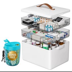 3-Tier Medicine Organizer & Medicine Cabinet with Leather Handle and Complimentary Pill Organizer | First Aid Storage Kit for Home, Office & On-The-Go