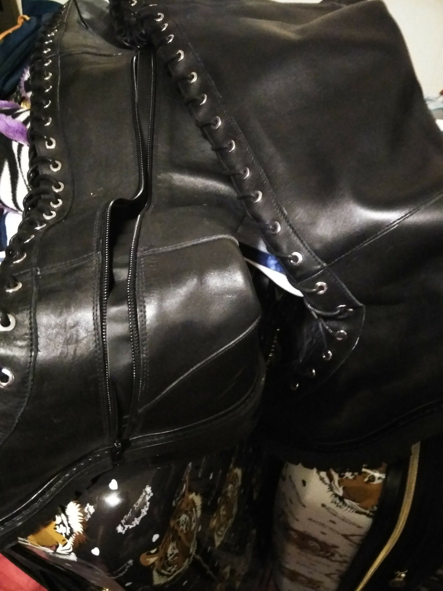 Thigh high flat heel,lace & slipper up black leather boots