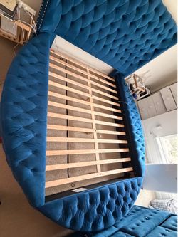 Luxury Royal Blue Tufted Queen Bed Frame w/ Wingback Headboard