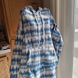 Hurley Bleached Denim Blue & White Tie-Dye Oversized Sherpa Hoodie Sz L