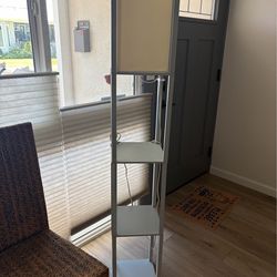 Grey pillar floor lamp w shelves