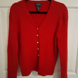 Lauren Ralph Lauren Womens Red Cableknit Sweater Cardigan