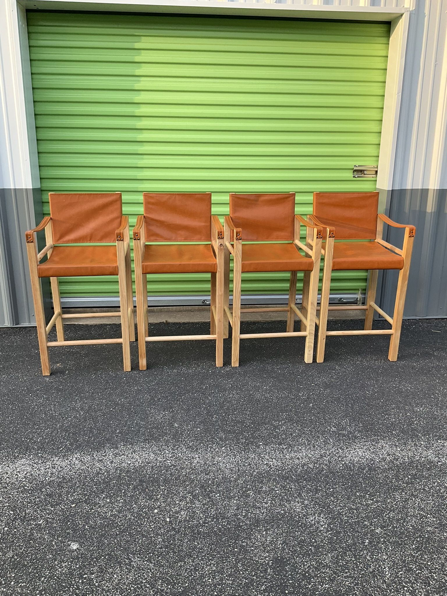Set Of 4 Beautiful Burnt Orange Leather With Solid Wooden Framed Counter Dining Chairs