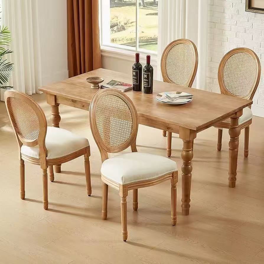 Rattan Dining Chairs Set of 4 French Country Dining Chairs with Round Back, Farmhouse Upholstered Dining Accent Chairs, Mid Century Modern, Linen Fabr